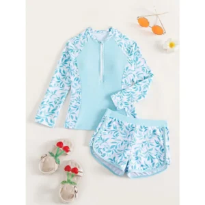 đồ bơi cho bé gái tay dài - màu xanh nhạt